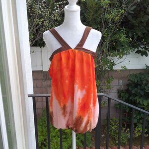 Rue 21 Top Tank Orange Brown Tie-Dye Size Med Elastic Hem Brown Straps Bohemian